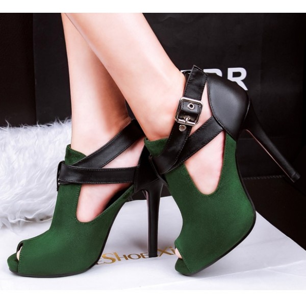 Green Suede Cross Strap Belt Peep Toe Stiletto High Heels Sandals Shoes