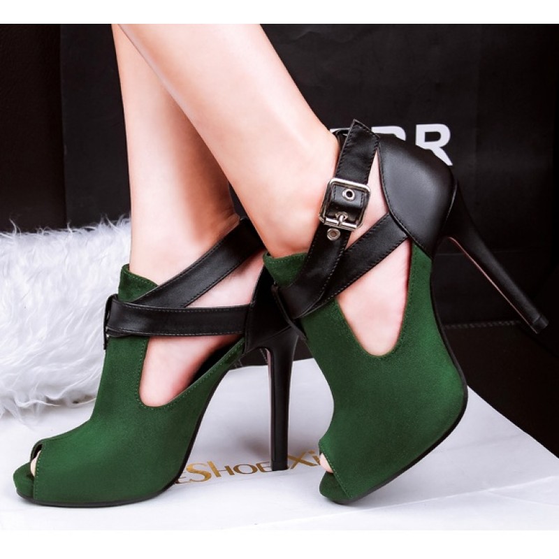 Green Suede Cross Strap Peep Toe Stiletto High Heels