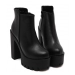 Black Platforms Block Cleated Sole High Heels Ankle Boots Shoes