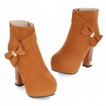 Brown Suede Gold Metal Bow Ankle Platforms High Heels Boots