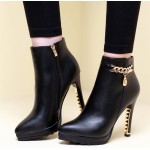 Black Gold Metal Chain Stiletto High Heels Ankle Boots Shoes