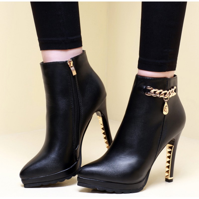 Womens High Heel Ankle Boots Zip Up With Gold Chain Link & Diamante Details 
