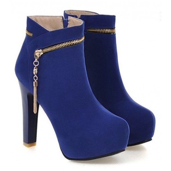 Blue Royal Suede Gold Zipper Ankle Platforms High Heels Boots