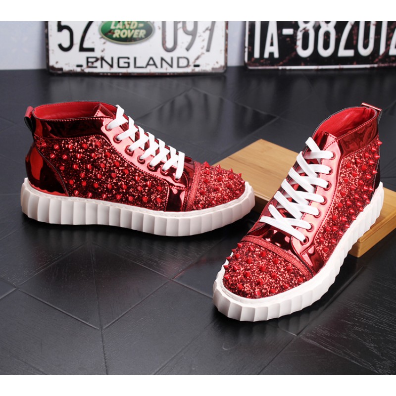 Red Rainbow Rings Spikes Punk Rock Mens High Top Sneakers Shoes