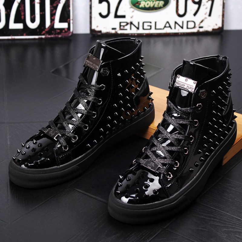Grey Patent Glitter Spikes Punk Rock Mens High Top Lace Up