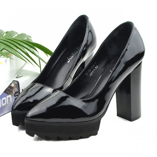 Black Pointed Head Platforms Cleated Sole Mary Jane Block High Heels Shoes