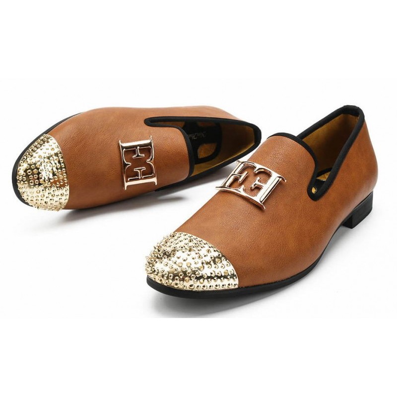 Brown Gold Emblem Spikes Mens Loafers 