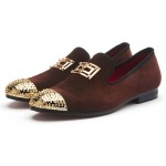 Brown Velvet Gold Emblem Spikes Mens Loafers Dapperman Prom Dress Shoes