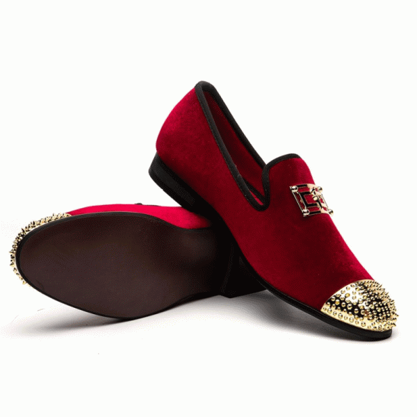 Burgundy Red Velvet Gold Emblem Spikes Mens Loafers Dapperman Prom Dress Shoes