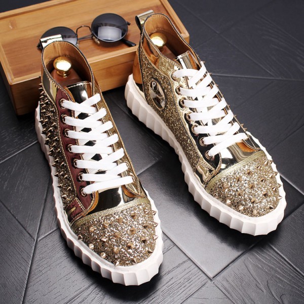 Gold Glitters Spikes White Sole Punk Rock Mens High Top Sneakers Shoes