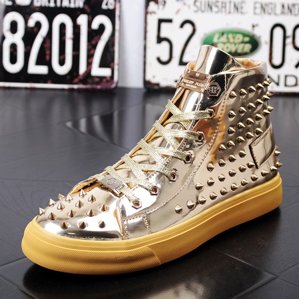 Gold Metallic Silver Spikes Punk Rock Mens High Top Sneakers Shoes