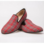Red Scotland Plaid Tartan Checkers Mens Loafers Prom Dress Shoes