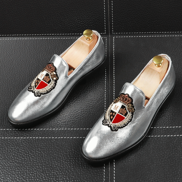 Silver Metallic Embroidery Crown Loafers Dappermen Dapper Mens Dress Shoes