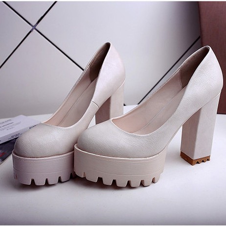 White Chunky Platforms Cleated Sole Mary Jane Block High Heels Shoes