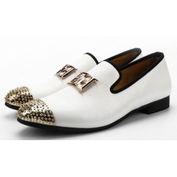 White Gold Emblem Spikes Mens Loafers Dapperman Prom Dress Shoes