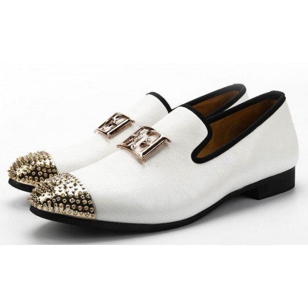 White Gold Emblem Spikes Mens Loafers Dapperman Prom Dress Shoes