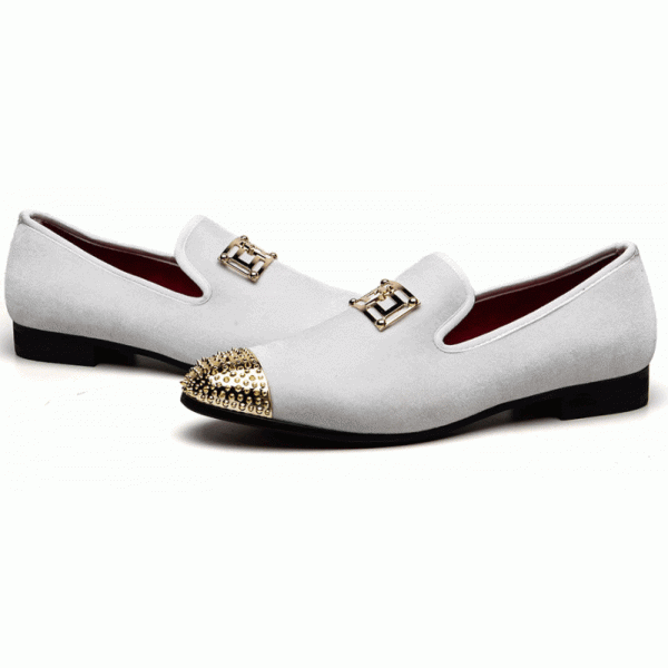 White Velvet Gold Emblem Spikes Mens Loafers Dapperman Prom Dress Shoes