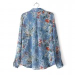 Blue Flowers Butterflies Vintage Retro Pattern Chiffon Long Sleeves Blouse Shirt