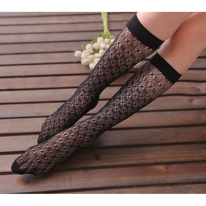 Black Lace Fish Net Fishnet Flowers Lolita Long Socks