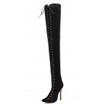 Black Suede Lace Up Thigh Long Over Knee Sexy Peep Toe Boots Shoes