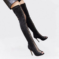 Black Suede Lace Up Thigh Long Over Knee Sexy Peep Toe Boots Shoes