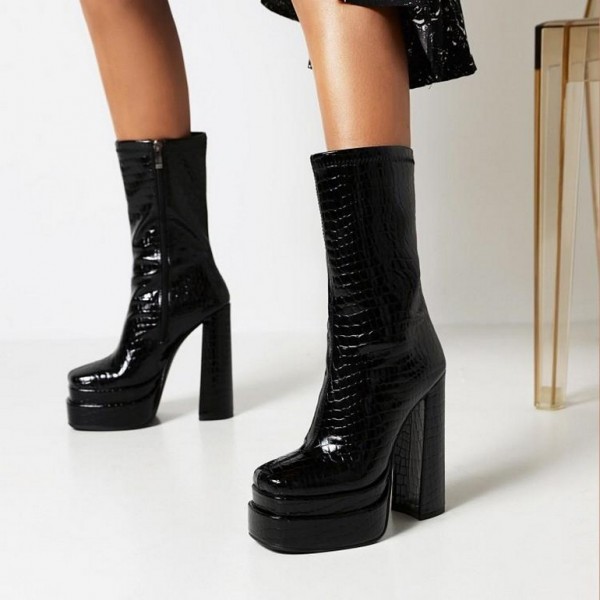 Black Croc Chunky Mid Length Platforms Block High Heels Long Boots Shoes