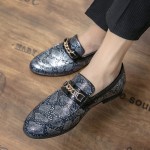 Black Grey Snake Print Metal Chain Mens Loafers Shoes Flats