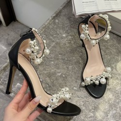 Black Pearls Ankle Embellished High Stiletto Heels Shoes Sandals 