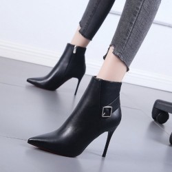 Black Pointed Head Buckle Booties High Stiletto Heels Shoes