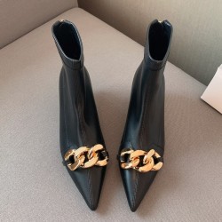 Black Pointed Head Gold Chain Kitten Heels Ankle Boots Shoes