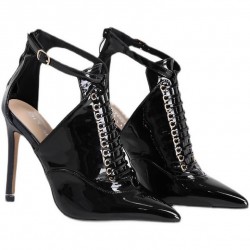 Black Pointed Head Patent Booties High Stiletto Heels Shoes Sandals