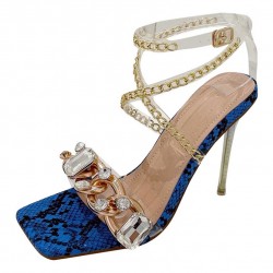 Blue Crisscross Metal Chain Gems High Stiletto Heels Shoes Sandals 