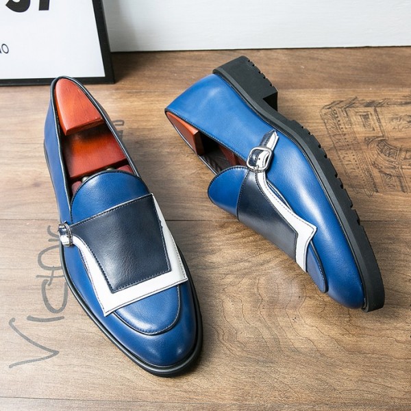 Blue White Monk Strap Mens Prom Loafers Shoes Flats