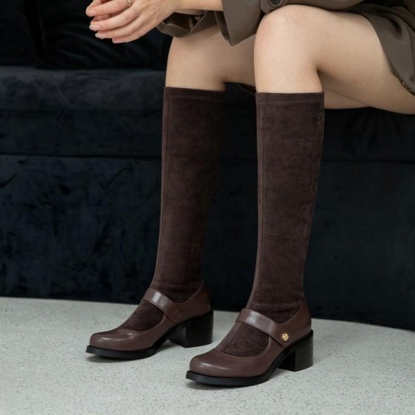 Brown Mary Jane Vintage High Heels Long Knee Boots Shoes