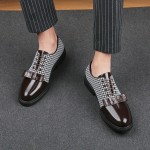 Brown Patent Glossy Bow Houndstooth Checkers Mens Prom Oxfords Shoes