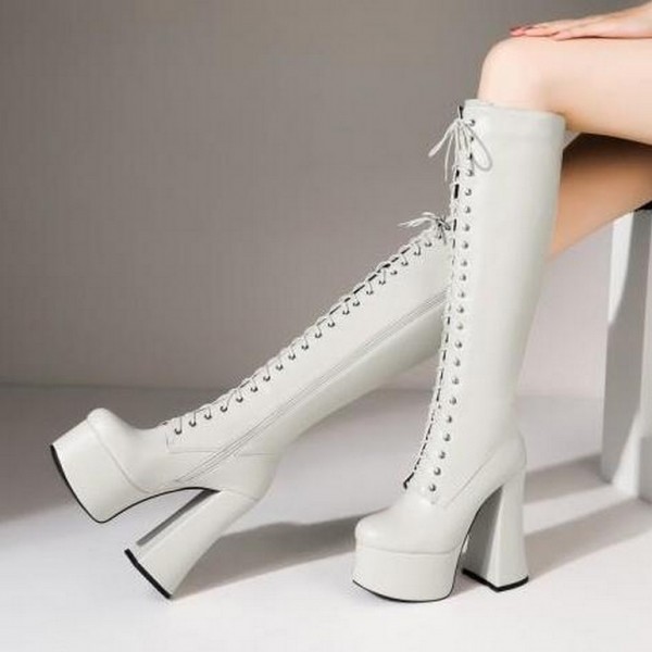 Cream White Platforms Chunky Lace Up Block High Heels Long Thigh Knee Boots Shoes