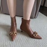 Brown Pointed Head Gold Chain Kitten Heels Ankle Boots Shoes