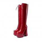 Red Patent Platforms Chunky Lace Up Block High Heels Long Thigh Knee Boots Shoes