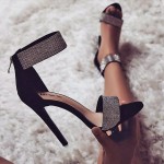 Black Sexy Ankle Diamantes Gown High Stiletto Heels Shoes Sandals 