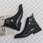 Black Vintage Patent Croc Strappy Ankle Mens Boots Shoes