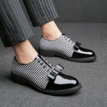Black Patent Glossy Bow Houndstooth Checkers Mens Prom Oxfords Shoes