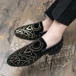 Black Suede Totem Gold Diamantes Mens Loafers Prom Dress Shoes