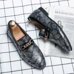 Black Grey Snake Print Metal Chain Mens Loafers Shoes Flats