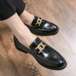 Black Patent Glossy Metal Chain Mens Loafers Shoes Flats