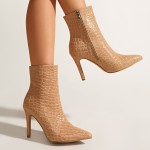 Khaki Patent Croc Pointed Head Ankle High Stiletto Heels Boots