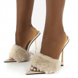Khaki Slip On Fur Furry High Stiletto Heels Shoes Sandals 
