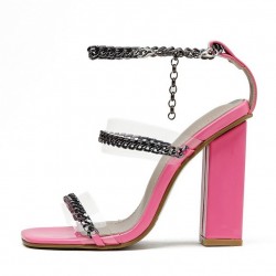 Pink Patent Chain High Block Heels Shoes Sandals 