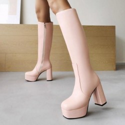 Pink Platforms Chunky Block High Heels Long Thigh Knee Boots Shoes