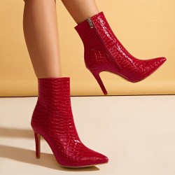 Red Patent Croc Pointed Head Ankle High Stiletto Heels Boots