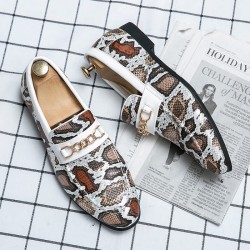 White Brown Snake Print Metal Chain Mens Loafers Shoes Flats